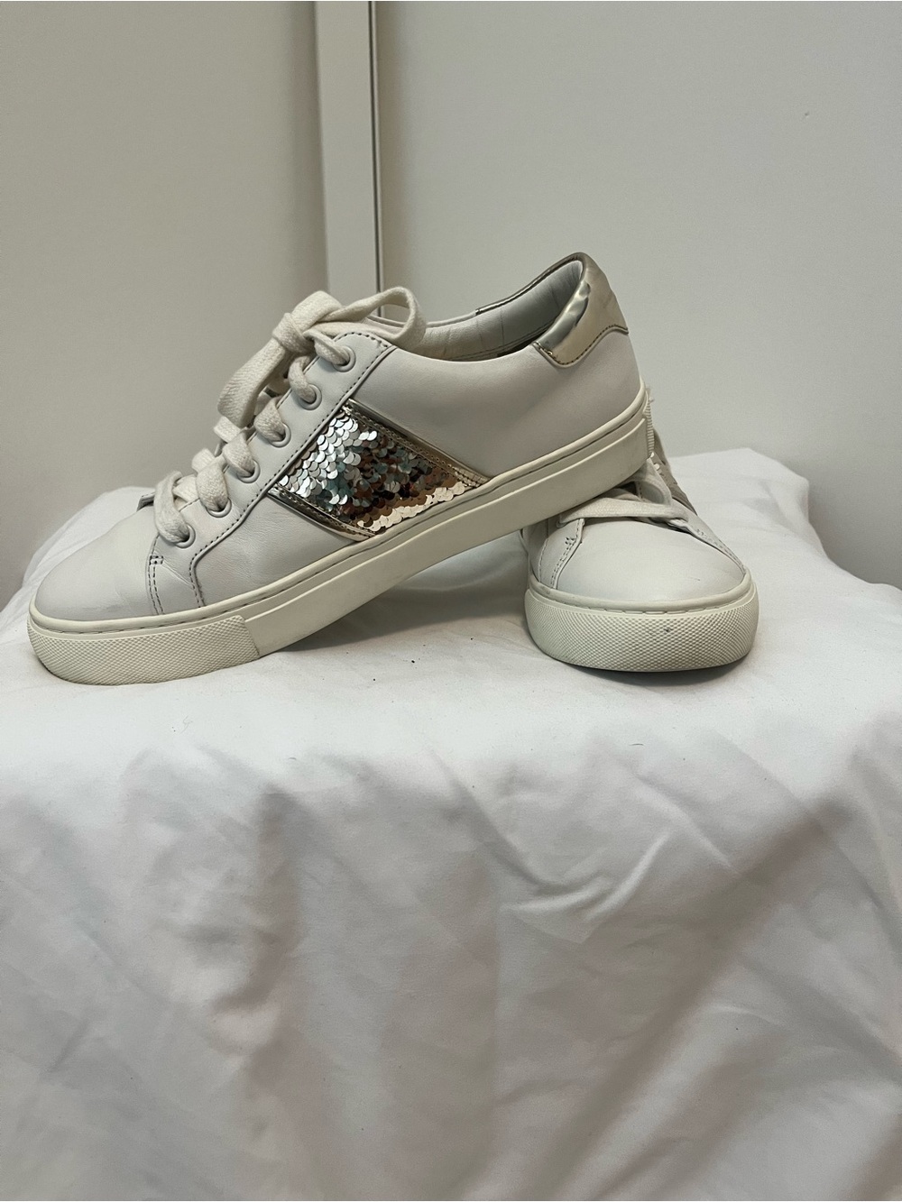 Tory Burch White Leather Sneakers with Gold Sequin Accent